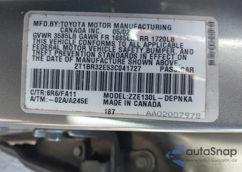 2003 Toyota Corolla Le z USA, uszkodzony, nr VIN 2T1BR32E53C041727